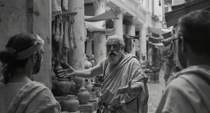 a local guide from ancient times talking to people.