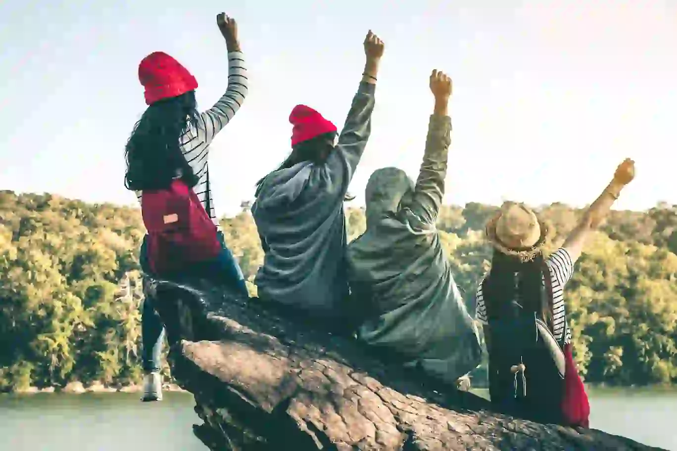 a view of a group of friends sitting on a tree branch by a lake, raising their arms in celebration while enjoying nature together