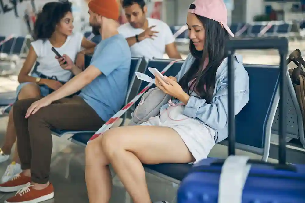 Young woman in pink cap sitting in airport terminal waiting area, smiling while looking at her phone, with blue luggage beside her and other travelers visible in the background