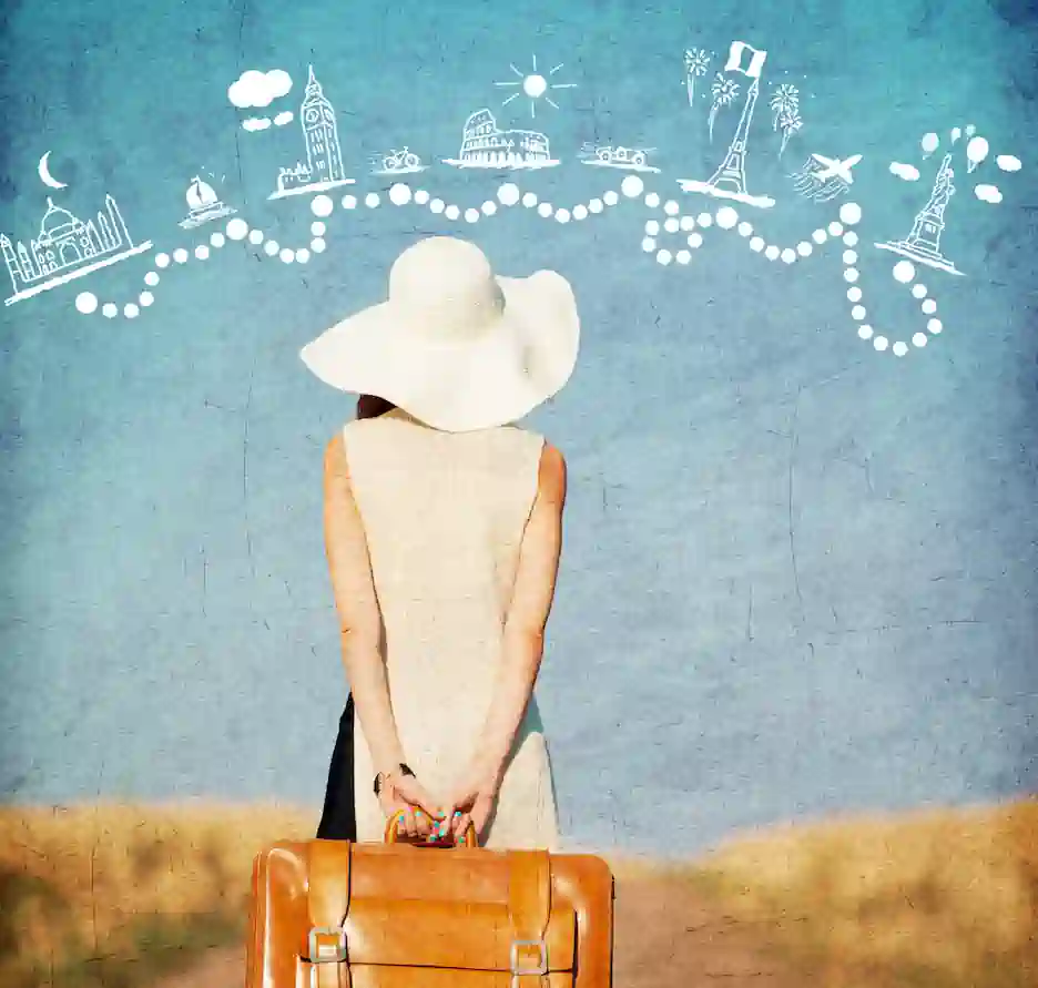 Woman in white hat holding vintage suitcase standing against blue wall with white dotted travel route connecting iconic world landmarks including Eiffel Tower, Big Ben, Colosseum, and Statue of Liberty