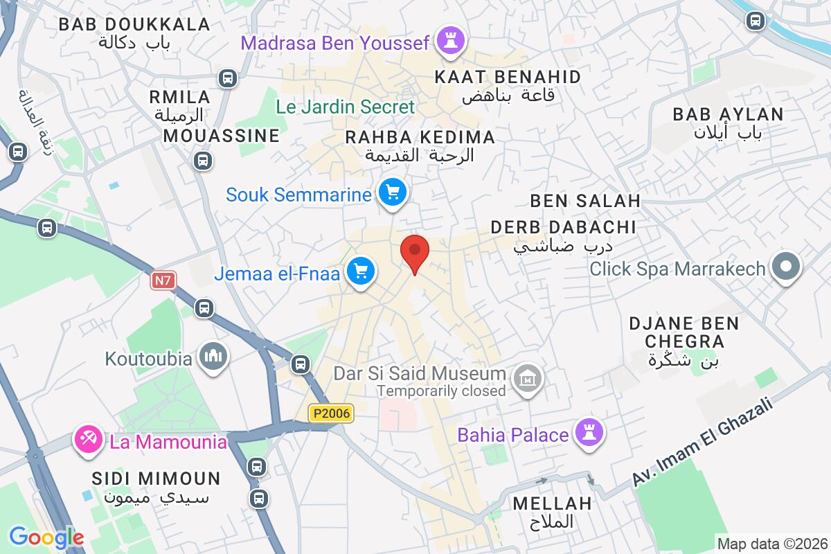 Map showing the meeting point for Marrakech Dynasty Walking Tour: Palaces, Hidden History & Medina Souks