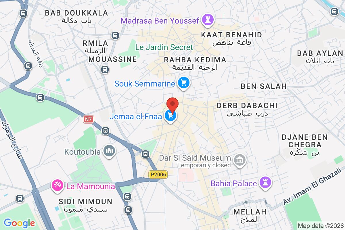 Map showing the meeting point for Hidden Marrakech, Medina, Medrassa & Jamaa El Fna