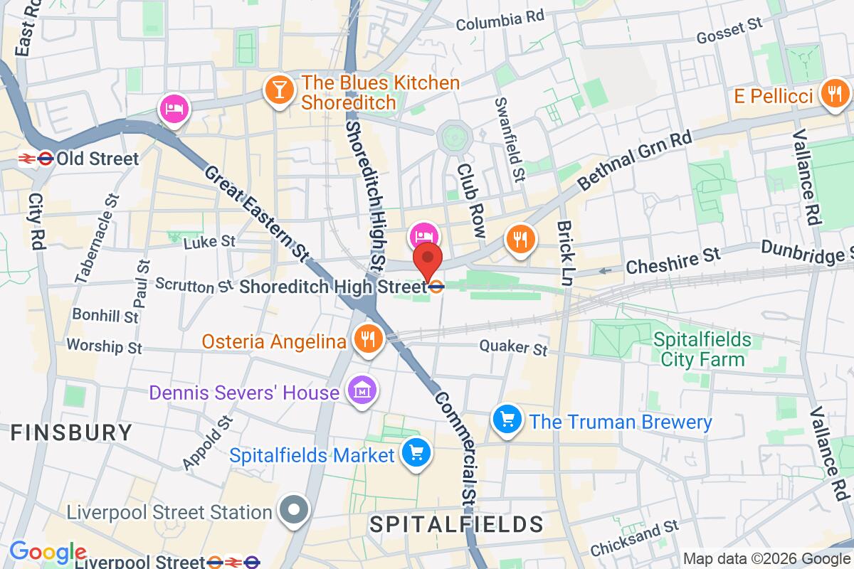 Map showing the meeting point for Free Street Art of Shoreditch Tour