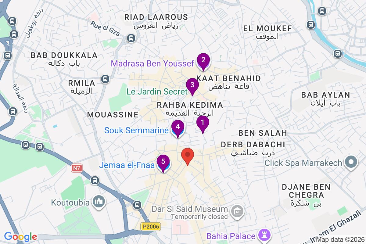 Map showing the route for Marrakech Dynasty Walking Tour: Palaces, Hidden History & Medina Souks
