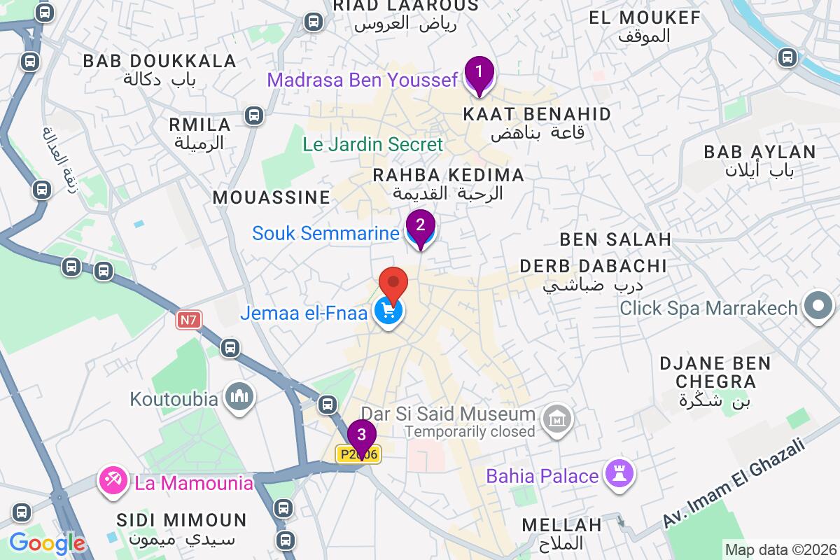 Map showing the route for Hidden Marrakech, Medina, Medrassa & Jamaa El Fna