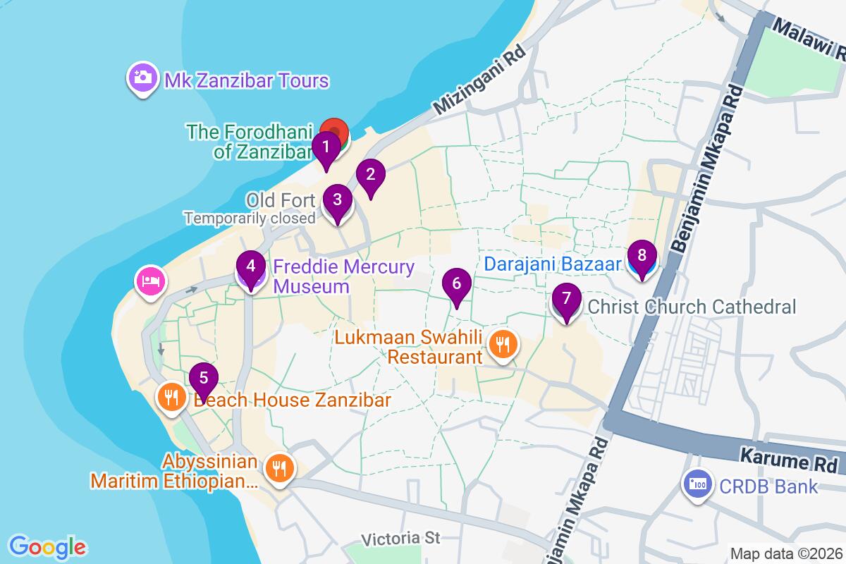 Map showing the route for Free Tour: A Walk Through Stone Town Popular Historical Sites 