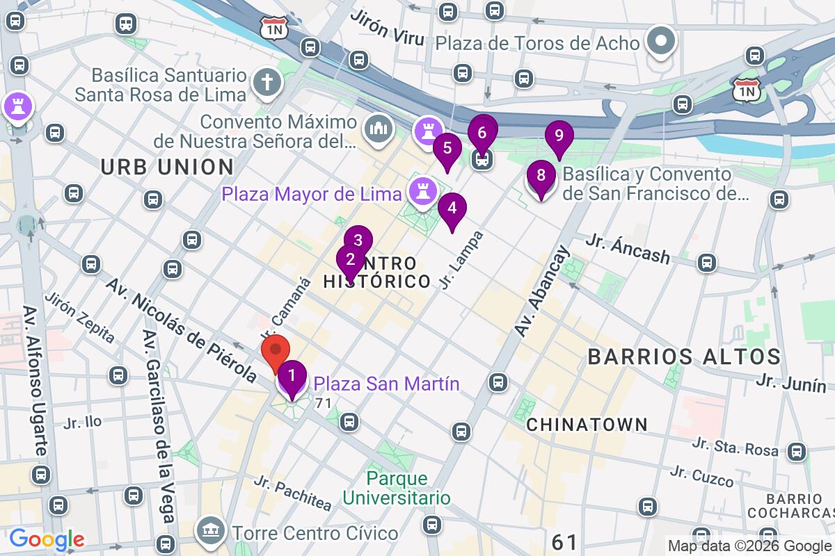 Map showing the route for Free tour of Lima's historic center