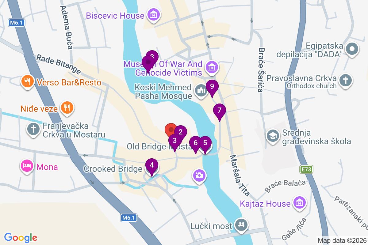 Map showing the route for Sheva's Heart of Mostar Free Walking Tour