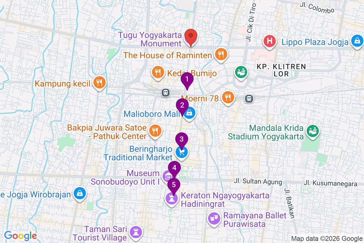 Map showing the route for Yogyakarta City and Culinary Tour with Local Guide