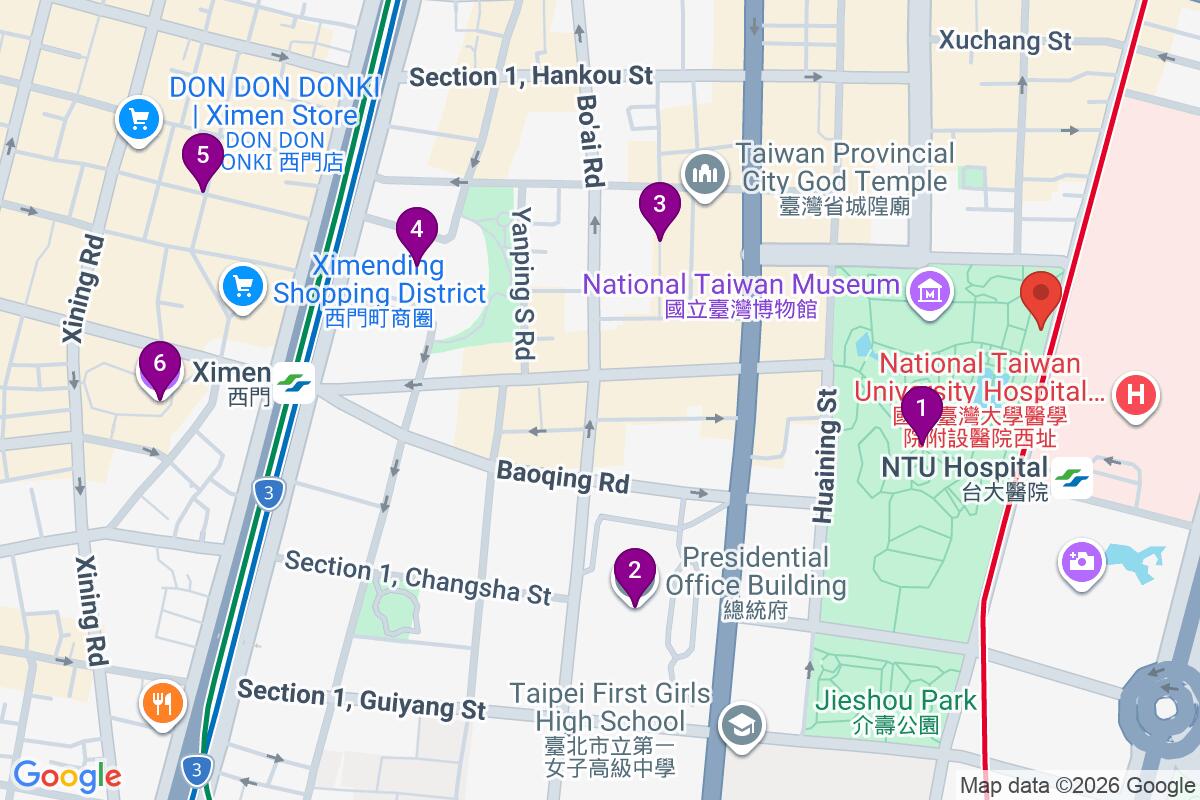 Map showing the route for Taipei Old Town free walking tour