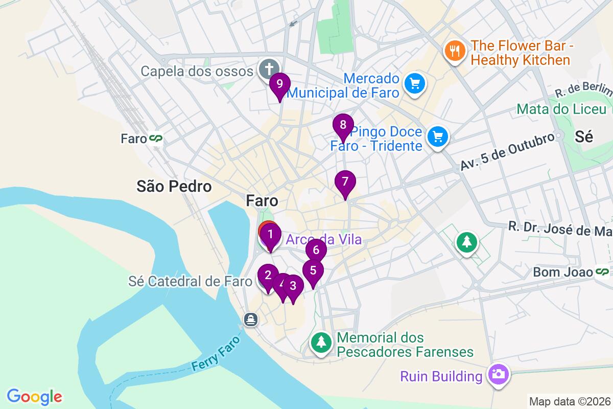 Map showing the route for Faro Free Walking Tours by Locals
