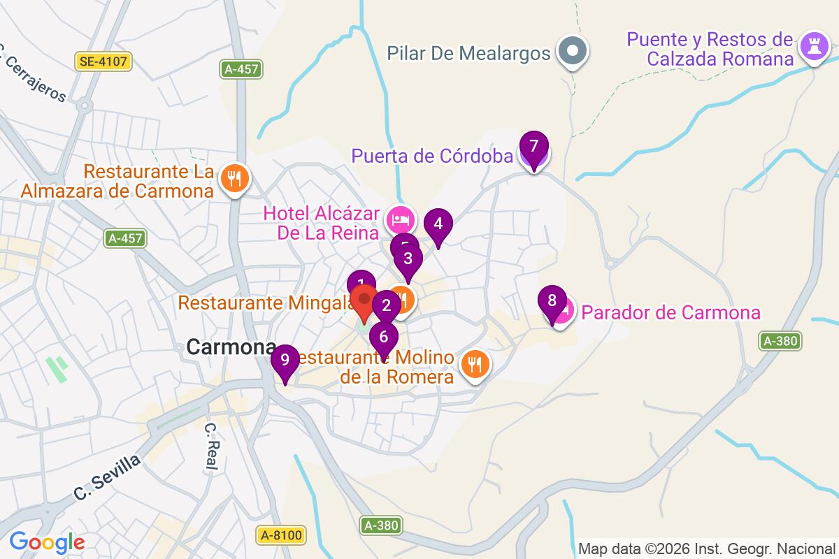 Map showing the route for Free Tour of Carmona Lucero de Europa