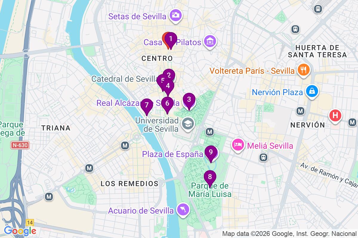 Map showing the route for Free Walking Tour Sevilla: Monumental City Secrets