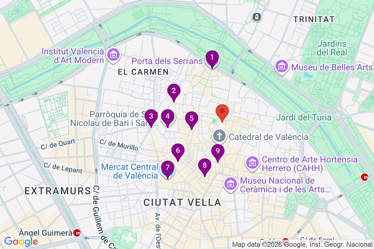 Map showing the route for Valencia Free Walking Tour Old Town Highlights with a Local Guide